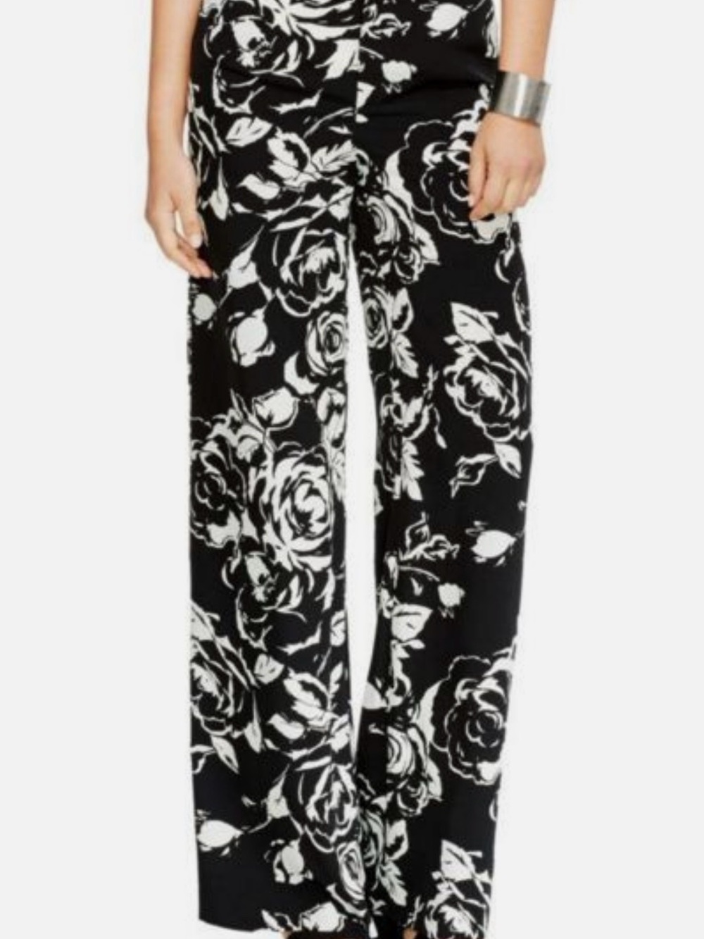 Lauren Ralph Lauren Black/Pearl Floral-Print Wide-Leg Pants 18W